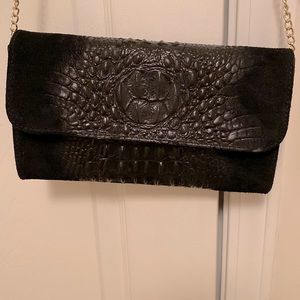 Nubuck alligator print suede and genuine leather clutch with gold chain
